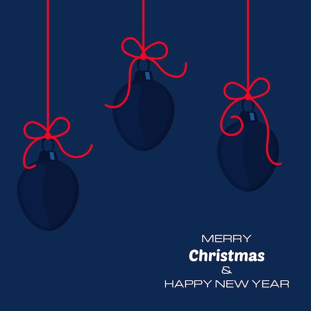 Feliz navidad y próspero año nuevo fondo azul oscuro con tres bolas de navidad. fondo de vector para tus tarjetas de felicitación, invitaciones, carteles festivos.