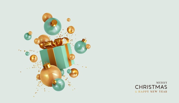 Feliz navidad y próspero año nuevo. Fondo con caja de regalo festiva realista. Regalo de Navidad. Cajas de regalo azules con sorpresa, adornos navideños dorados, bolas, confeti dorado brillante. Ilustración vectorial