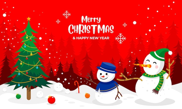 Feliz navidad y próspero año nuevo fondo con dos muñeco de nieve en bosque nevado