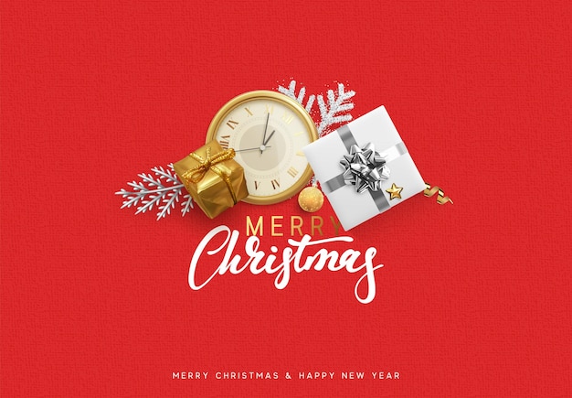 Feliz navidad y próspero año nuevo. Fondo festivo con diseño 3d realista de caja de regalo de Navidad. Objetos decorativos navideños. ilustración vectorial