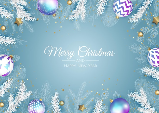 Feliz navidad y próspero año nuevo. Fondo festivo de Navidad con objetos 3d realistas, bolas azules y doradas, árbol de Navidad cónico. Composición de diseño de caída de levitación.