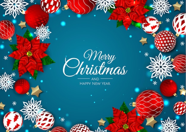 Feliz navidad y próspero año nuevo. Fondo festivo de Navidad con objetos 3d realistas, bolas blancas y doradas.