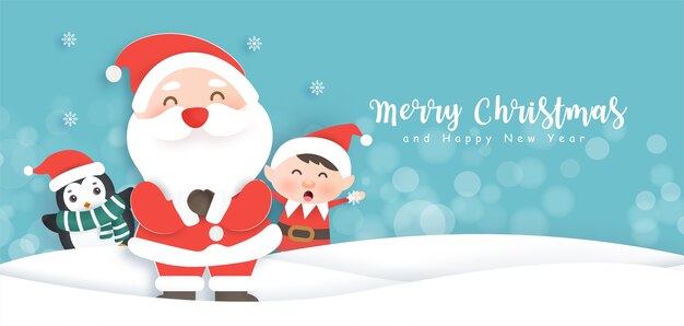 Feliz Navidad y próspero año nuevo fondo con lindo Santa y un pingüino.
