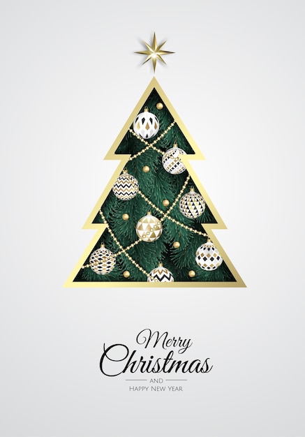 Feliz navidad y próspero año nuevo. Fondo de Navidad con árbol de Navidad, copos de nieve, estrellas y bolas. Tarjeta de felicitación, banner de vacaciones, cartel web