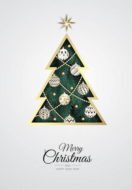 Feliz navidad y próspero año nuevo. fondo de navidad con árbol de navidad, copos de nieve, estrellas y bolas. tarjeta de felicitación, banner de vacaciones, cartel web