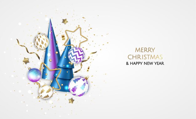 Feliz navidad y próspero año nuevo. Fondo de Navidad con diseño de copos de nieve y bolas.