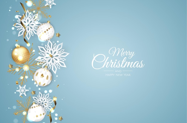 Feliz navidad y próspero año nuevo. Fondo de Navidad con diseño de copos de nieve y bolas.