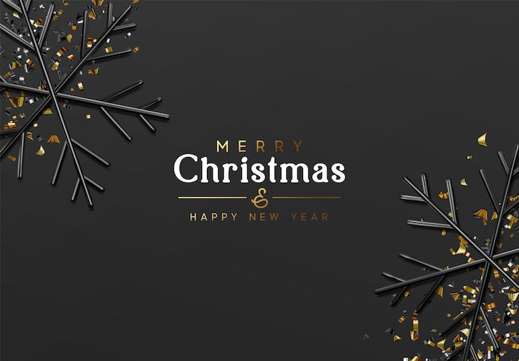 Vector feliz navidad y próspero año nuevo. fondo oscuro con confeti dorado brillante, copos de nieve negros de renderizado 3d. diseño minimalista de navidad. ilustración vectorial