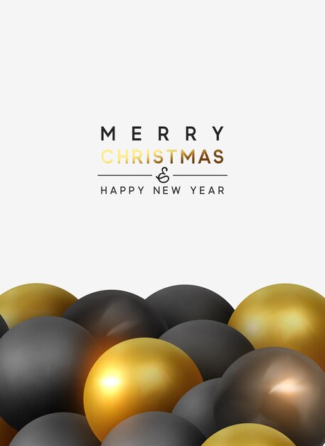 Feliz navidad y próspero año nuevo. Fondo con renderizado 3d realista bolas negras y doradas redondas, esfera, patrón de perlas. ilustración vectorial