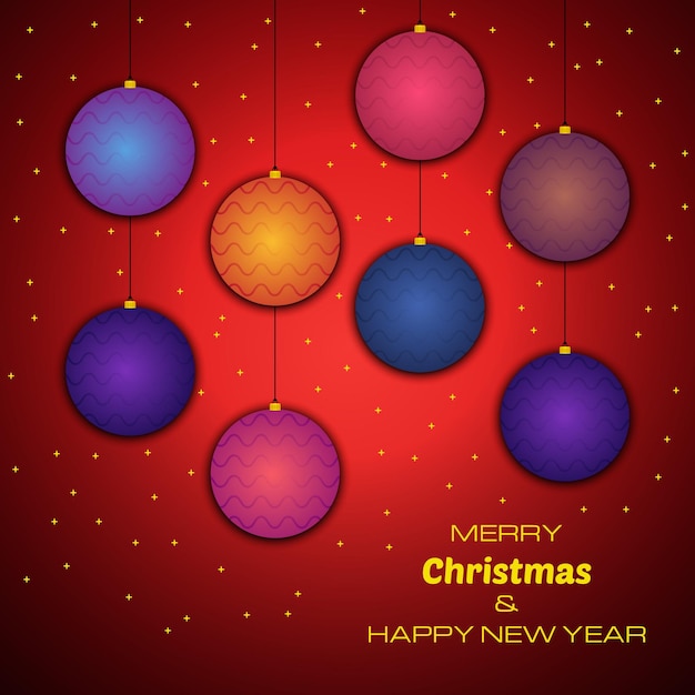 Feliz Navidad y próspero año nuevo fondo rojo con bolas de Navidad de colores. Fondo de vector para tus tarjetas de felicitación, invitaciones, carteles festivos.