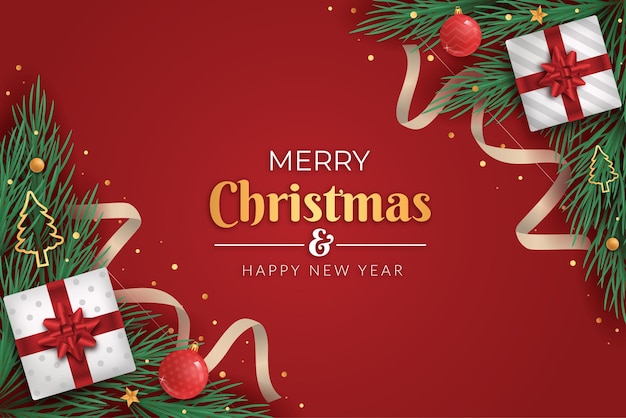 Feliz navidad y próspero año nuevo fondo rojo con caja de regalo y elementos de decoración navideña