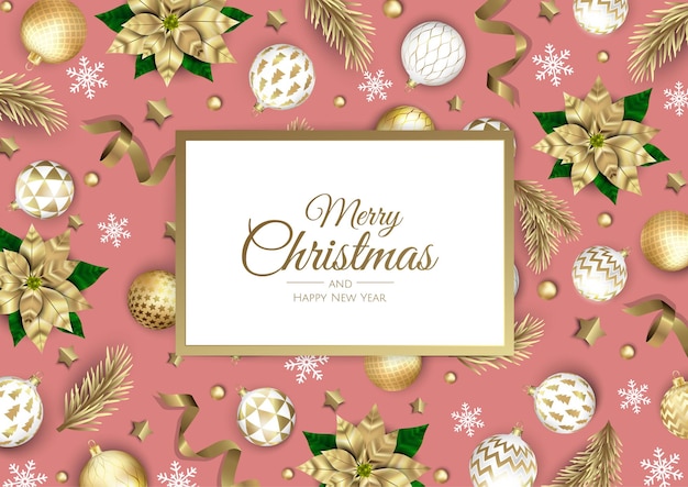 Feliz navidad y próspero año nuevo fondo. tarjeta navideña con abeto, copos de nieve, bolas