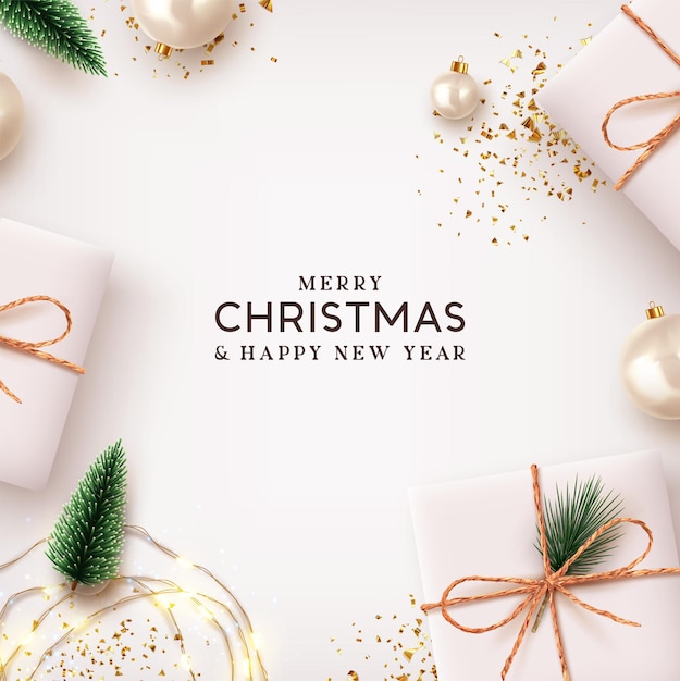 Feliz navidad y próspero año nuevo. Guirnalda de luces de diseño de fondo navideño, caja de regalos realista, bolas blancas y confeti dorado brillante. Afiche navideño, pancarta navideña, exuberante árbol verde y pino.
