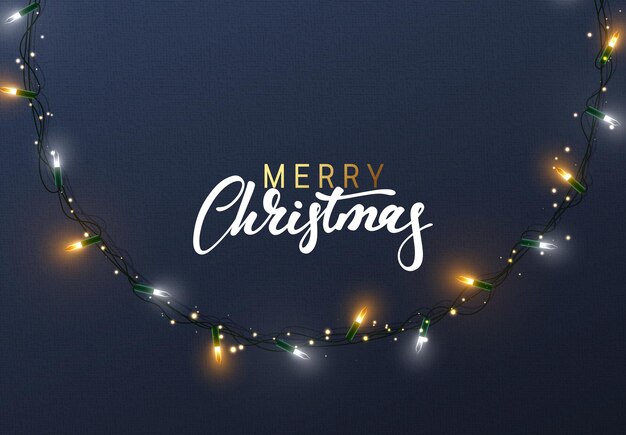 Feliz navidad y próspero año nuevo. Guirnalda de luces navideñas brillantes para el diseño de tarjetas de felicitación navideñas. ilustración vectorial