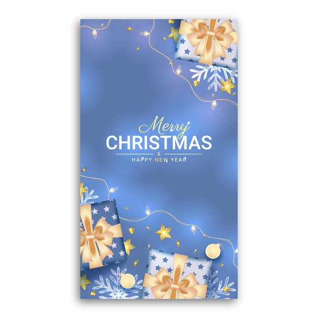 Feliz navidad y próspero año nuevo historia de redes sociales con decoración azul realista