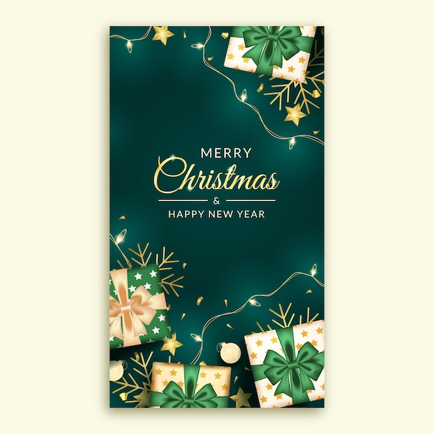 Feliz navidad y próspero año nuevo historia de redes sociales con decoración verde realista