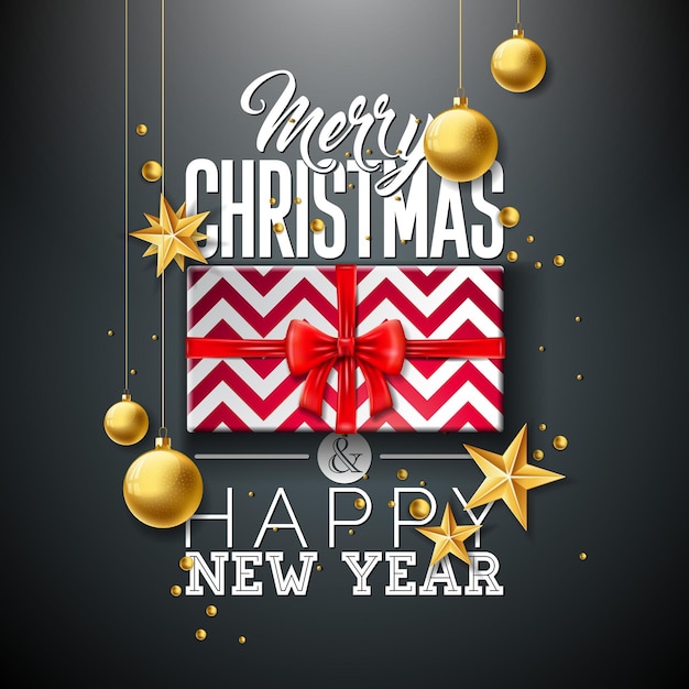Feliz navidad y próspero año nuevo ilustración con caja de regalo bola de cristal dorada estrella y tipografía el ...