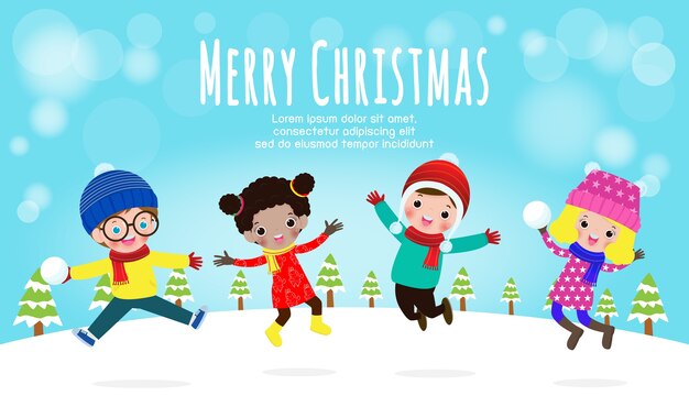 Feliz navidad y próspero año nuevo, ilustración vectorial de niños jugando al aire libre en invierno aislado sobre fondo blanco.