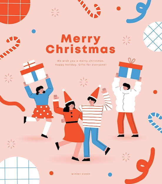 Vector feliz navidad y próspero año nuevo navidad personas e ilustraciones de paisajes