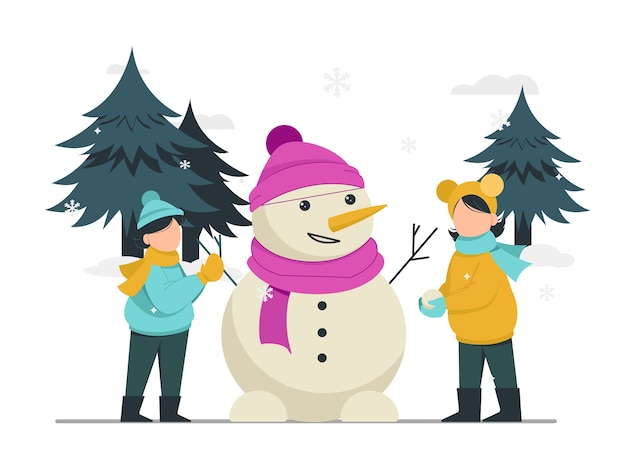 Feliz navidad y próspero año nuevo niños jugando con muñeco de nieve