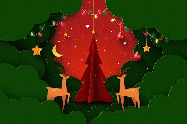 Feliz Navidad y próspero año nuevo Paisaje de temporada de invierno Decorado con luces de ciervos de árbol de Navidad y estrellas Arte de papel