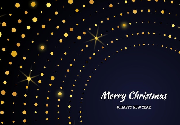 Feliz Navidad y próspero año nuevo de patrón de brillo dorado en forma de círculo Fondo punteado de semitono brillante de oro abstracto para tarjeta de felicitación navideña sobre fondo oscuro Ilustración vectorial
