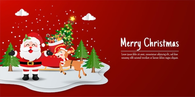 Feliz Navidad y próspero año nuevo, postal de banner de Navidad de Santa Claus y renos con trineo en el bosque de pinos