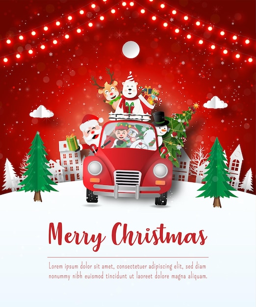 Feliz Navidad y próspero año nuevo, postal navideña de Papá Noel y amigo en un coche rojo en el pueblo, estilo de arte de papel