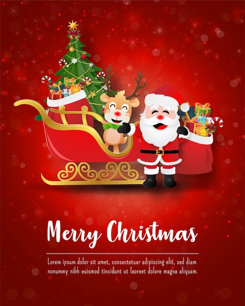 Feliz Navidad y próspero año nuevo, postal navideña de Santa Claus y renos con trineo, estilo de arte de papel
