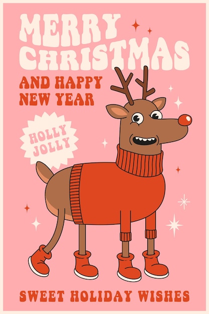 Feliz Navidad y Próspero Año Nuevo Reno en estilo de dibujos animados retro de moda