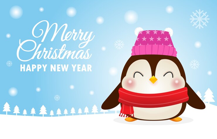 Vector feliz navidad y próspero año nuevo saludo de pingüino feliz