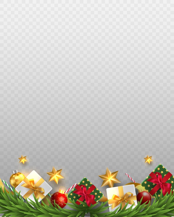 Vector feliz navidad y próspero año nuevo sobre fondo transparente. cajas de regalo realistas, ramas, estrellas y elementos navideños. ilustración de vector 3d.