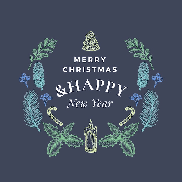 Feliz Navidad y próspero año nuevo tarjeta de felicitación abstracta o pancarta con corona de Navidad y tipografía retro