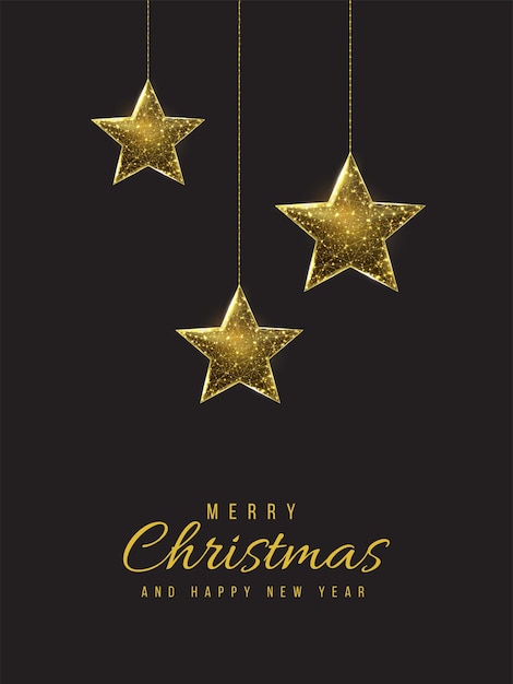 Feliz Navidad y próspero año nuevo tarjeta de felicitación de baja poli. Ilustración de malla de estructura metálica poligonal con estrellas de Navidad colgantes. Ilustración de vector abstracto sobre fondo oscuro.