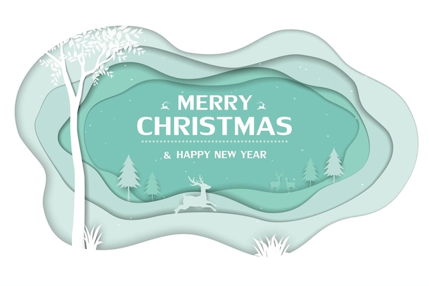 Feliz navidad y próspero año nuevo tarjeta de felicitación, bosque de invierno en papel verde suave
