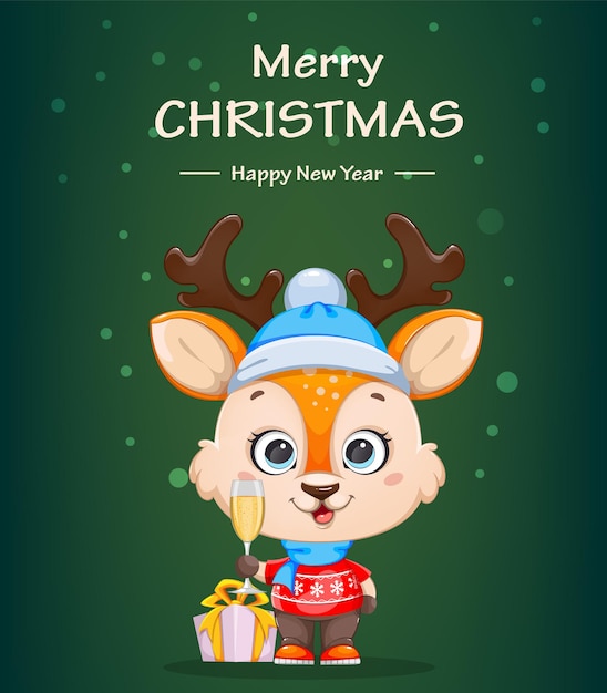 Feliz Navidad y próspero año nuevo tarjeta de felicitación ciervo lindo bebé sosteniendo una copa de champán
