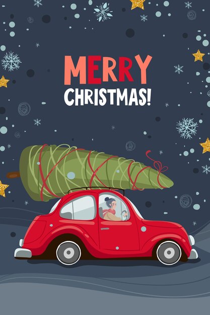 Feliz navidad y próspero año nuevo tarjeta de felicitación con coche rojo y árbol de navidad. Postal, tarjeta de felicitación, cartel o plantilla de invitación. Ilustración vectorial eps 10