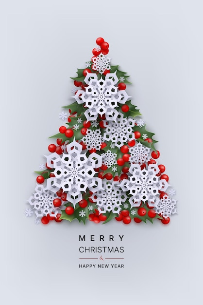 Feliz Navidad y próspero año nuevo tarjeta de felicitación con copos de nieve sobre hojas y bayas de acebo