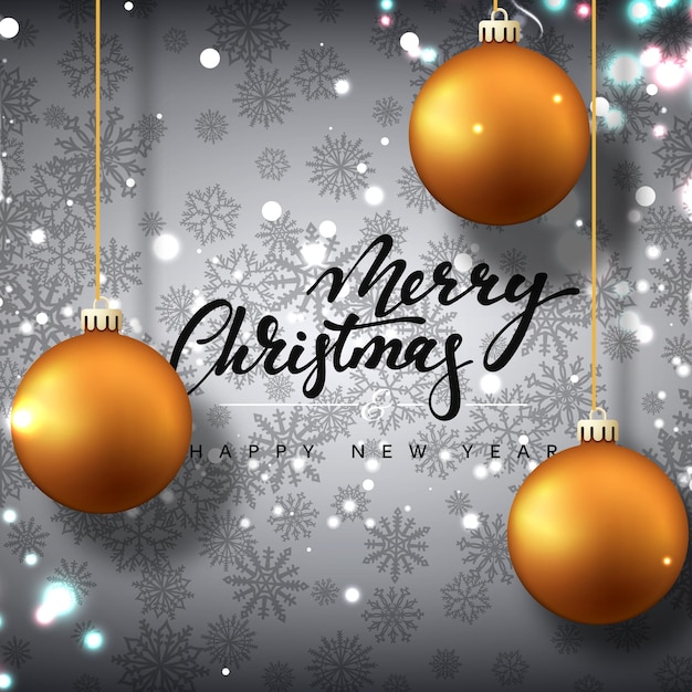Feliz Navidad y próspero año nuevo tarjeta de felicitación. Fondo plateado con bolas navideñas y copos de nieve. Caligrafía manual para el diseño de tarjetas de felicitación navideñas.