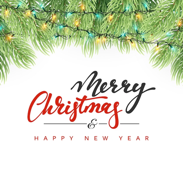 Feliz navidad y próspero año nuevo. Tarjeta de felicitación navideña, guirnaldas de ramas de pino y adornos. fondo de navidad. Elemento de diseño de fondo de adorno de Navidad. Caligrafía hecha a mano