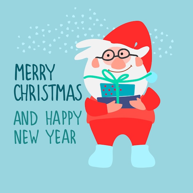 Feliz Navidad y próspero año nuevo tarjeta de felicitación Papá Noel divertido dibujado a mano con paquetes de regalo sobre fondo azul