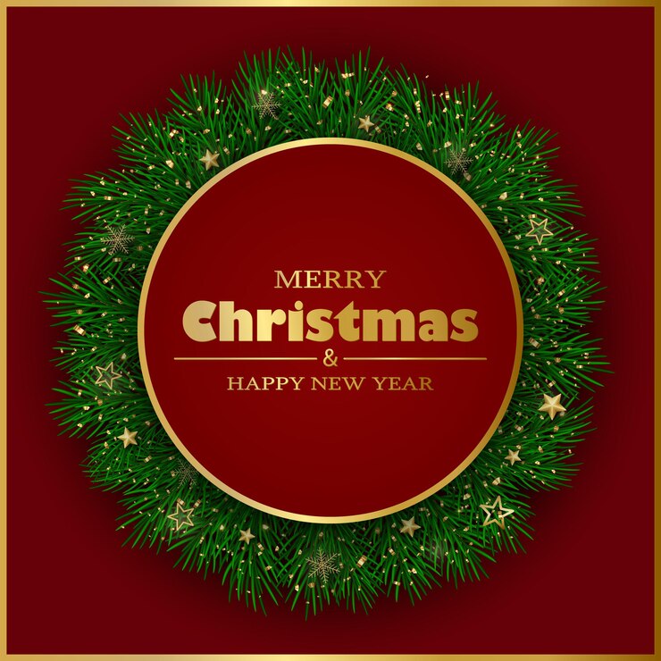 Vector feliz navidad y próspero año nuevo tarjeta de felicitación ramas de los árboles de navidad decoración de oro y confeti