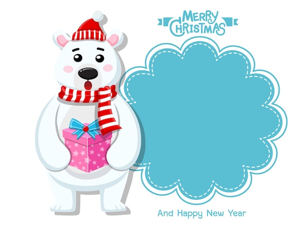 Feliz navidad y próspero año nuevo. Tarjeta de felicitación de vector Lindo oso polar. elemento decorativo de vacaciones. carteles, etiquetas de regalo y etiquetas.