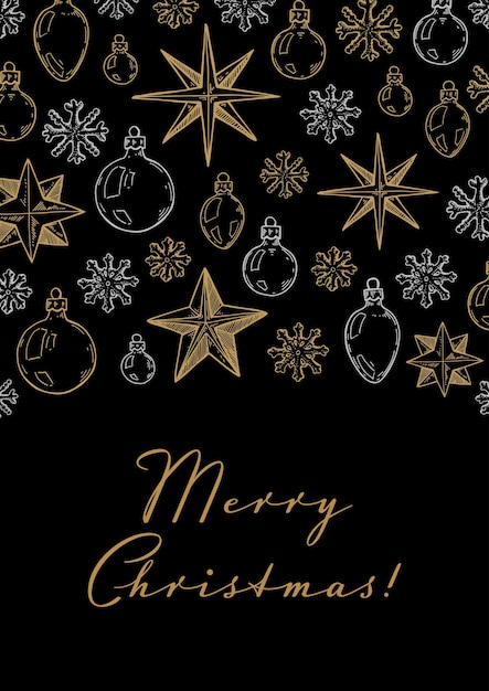 Feliz Navidad y próspero año nuevo tarjeta de felicitación vertical con estrellas doradas dibujadas a mano y juguetes sobre fondo negro ilustración vectorial en estilo boceto