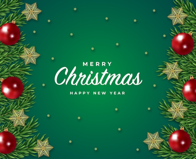 Feliz navidad y próspero año nuevo tarjeta de regalo rama de árbol verde y copos de nieve de bola vector