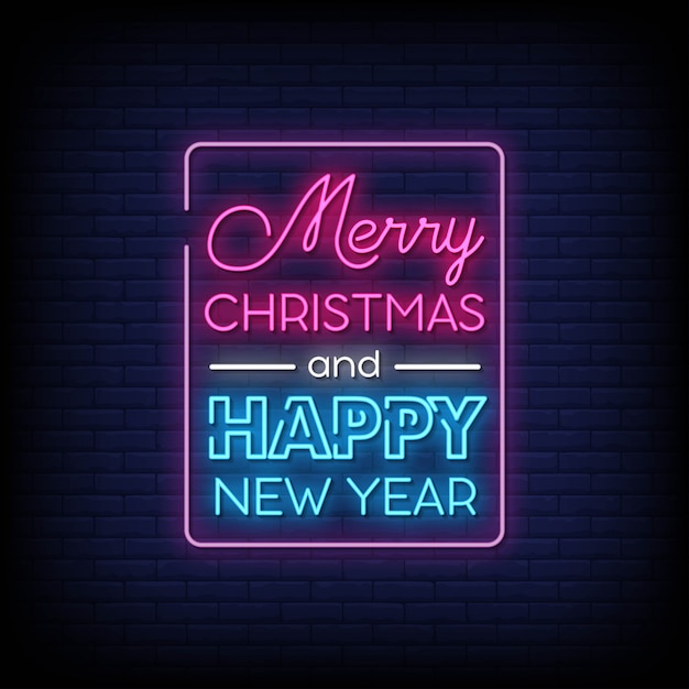Feliz Navidad y próspero año nuevo Vector de texto de estilo de letreros de neón