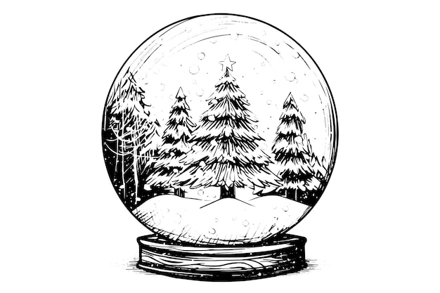 Feliz Navidad regalo globo de nieve Árbol de copo de nieve dentro Vector grabado tinta boceto ilustración