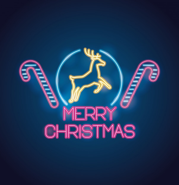 Feliz Navidad renos y bastones con luces de neón tarjeta de felicitación