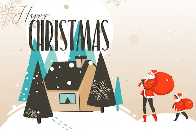 Feliz navidad saludo, casa y santa claus