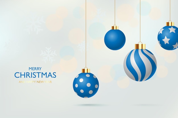 Feliz Navidad saludo diseño vectorial bolas de Navidad colgando elementos brillantes y brillantes en copos de nieve patrón fondo elegante